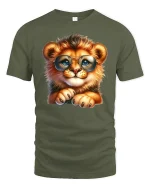 Cute Lion Cub With Glasses Adorable Animal T-Shirt - military green t-shirt on white background