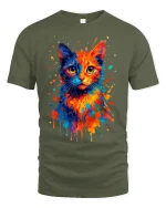 Color Splash Cat Watercolor Art Creative Graphic Tee - military green t-shirt on white background