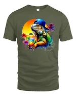 Cool Iguana With Drink Tropical Sunset Beach T-Shirt - military green t-shirt on white background