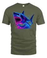Neon Shark Attack Ocean Predator Graphic T-Shirt - military green t-shirt on white background
