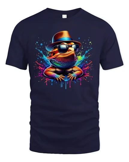 Cool Lizard With Hat Neon Splash Party Vibes T-Shirt - navy t-shirt on white background