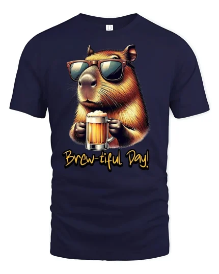 Brew-tiful Day Capybara Beer Lover Funny T-Shirt - navy t-shirt on white background