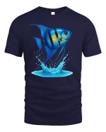 Blue Tropical Fish Splash Ocean Life Graphic T-Shirt - navy t-shirt on white background