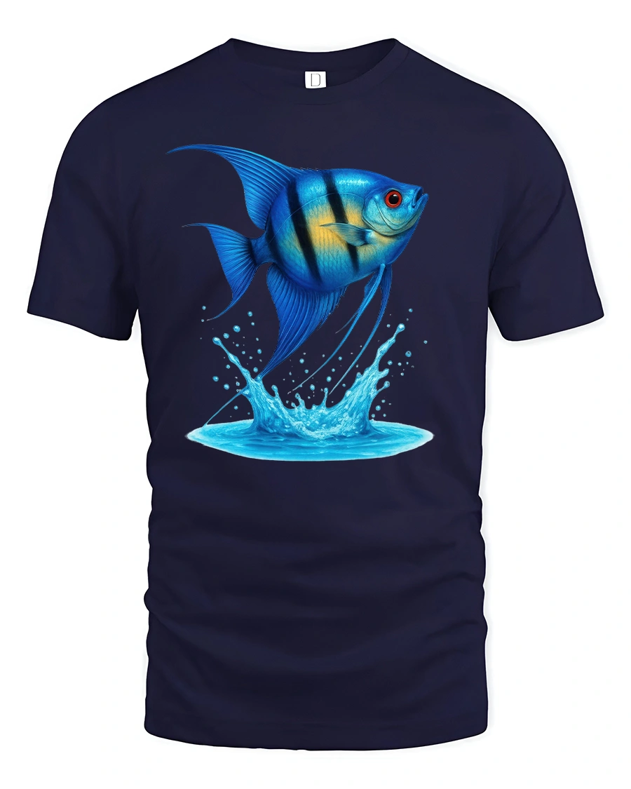 Blue Tropical Fish Splash Ocean Life Graphic T-Shirt - 1 Blue Tropical Fish Splash Ocean Life Graphic T-Shirt - navy t-shirt on white background