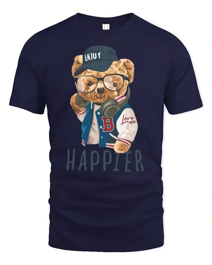 Happier Bear With Glasses Cool Streetwear T-Shirt - navy t-shirt on white background