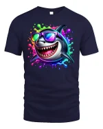 Cool Neon Shark With Sunglasses Funny Summer T-Shirt - navy t-shirt on white background