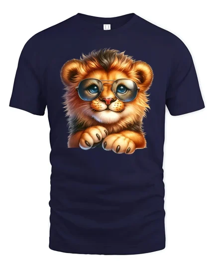 Cute Lion Cub With Glasses Adorable Animal T-Shirt - navy t-shirt on white background