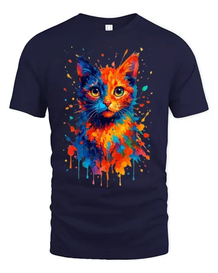 Color Splash Cat Watercolor Art Creative Graphic Tee - navy t-shirt on white background