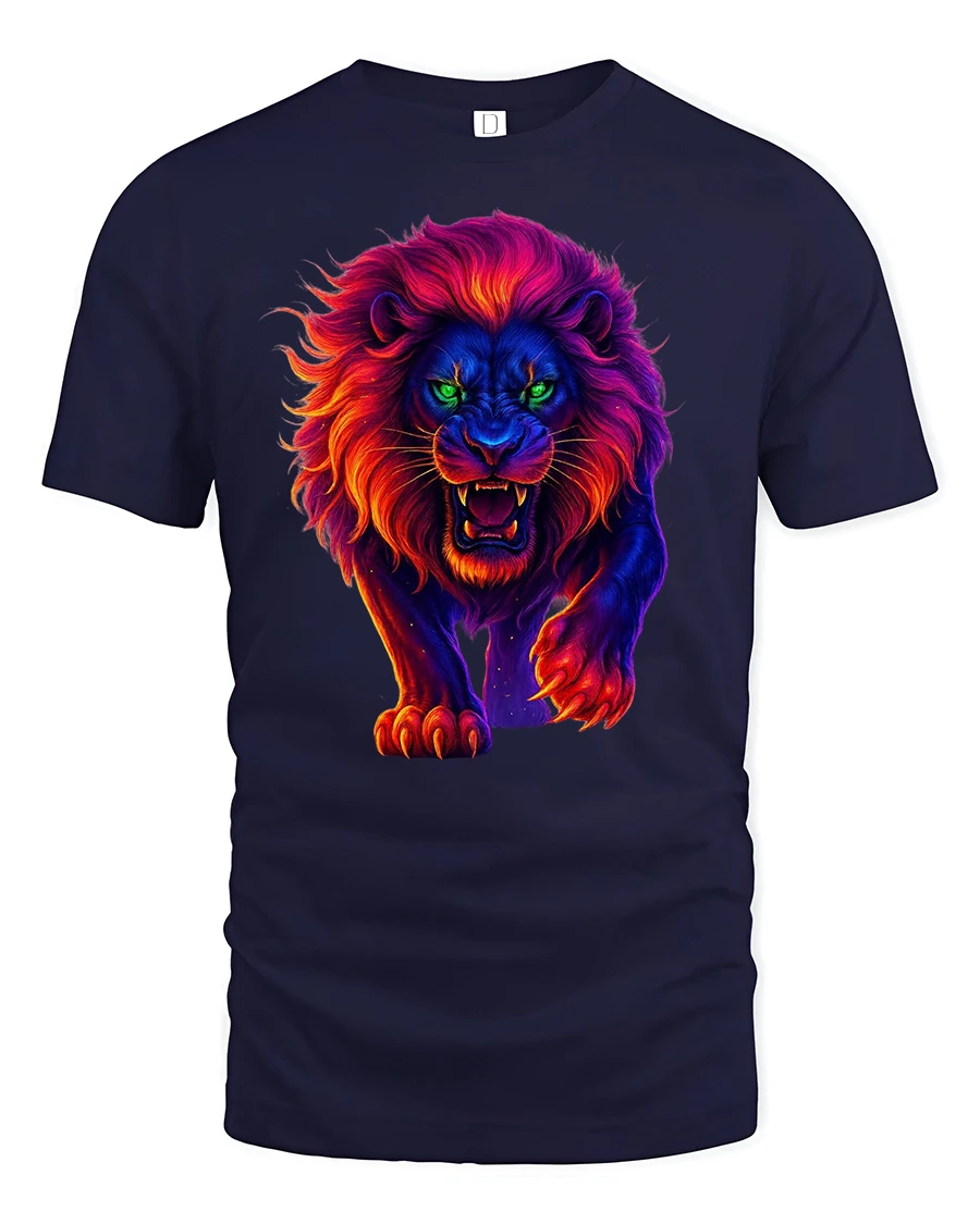 Neon Lion King Fierce Jungle Power Graphic T-Shirt - 1 Neon Lion King Fierce Jungle Power Graphic T-Shirt - navy t-shirt on white background
