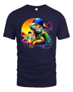 Cool Iguana With Drink Tropical Sunset Beach T-Shirt - navy t-shirt on white background