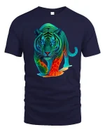 Neon Tiger Glow Jungle Predator Graphic T-Shirt - navy t-shirt on white background