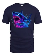 Neon Shark Attack Ocean Predator Graphic T-Shirt - navy t-shirt on white background
