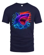 American Flag Shark Patriotic Ocean Graphic T-Shirt - navy t-shirt on white background