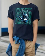Future World Cyber Hand Rock Sign Graphic T-Shirt - model wearing Navy T-shirt, hands in pockets, denim shirt at waist