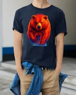 Fiery Red Bear Neon Power Animal Graphic T-Shirt - model wearing Navy T-shirt, hands in pockets, denim shirt at waist