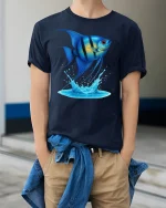 Blue Tropical Fish Splash Ocean Life Graphic T-Shirt - model wearing Navy T-shirt, hands in pockets, denim shirt at waist