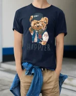 Happier Bear With Glasses Cool Streetwear T-Shirt - model wearing Navy T-shirt, hands in pockets, denim shirt at waist