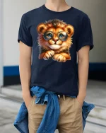 Cute Lion Cub With Glasses Adorable Animal T-Shirt - model wearing Navy T-shirt, hands in pockets, denim shirt at waist