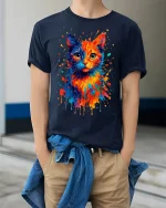 Color Splash Cat Watercolor Art Creative Graphic Tee - model wearing Navy T-shirt, hands in pockets, denim shirt at waist