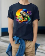 Cool Iguana With Drink Tropical Sunset Beach T-Shirt - model wearing Navy T-shirt, hands in pockets, denim shirt at waist