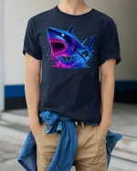 Neon Shark Attack Ocean Predator Graphic T-Shirt - model wearing Navy T-shirt, hands in pockets, denim shirt at waist