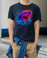 American Flag Shark Patriotic Ocean Graphic T-Shirt - model wearing Navy T-shirt, hands in pockets, denim shirt at waist