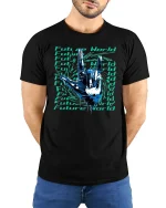 Future World Cyber Hand Rock Sign Graphic T-Shirt - model with hands behind back, wearing Black T-shirt and blue jeans