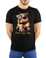 Brew-tiful Day Capybara Beer Lover Funny T-Shirt - model with hands behind back, wearing Black T-shirt and blue jeans