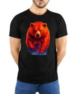Fiery Red Bear Neon Power Animal Graphic T-Shirt - model with hands behind back, wearing Black T-shirt and blue jeans