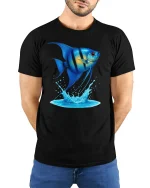 Blue Tropical Fish Splash Ocean Life Graphic T-Shirt - model with hands behind back, wearing Black T-shirt and blue jeans