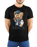 Happier Bear With Glasses Cool Streetwear T-Shirt - model with hands behind back, wearing Black T-shirt and blue jeans