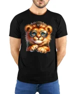Cute Lion Cub With Glasses Adorable Animal T-Shirt - model with hands behind back, wearing Black T-shirt and blue jeans