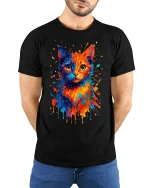 Color Splash Cat Watercolor Art Creative Graphic Tee - model with hands behind back, wearing Black T-shirt and blue jeans