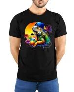 Cool Iguana With Drink Tropical Sunset Beach T-Shirt - model with hands behind back, wearing Black T-shirt and blue jeans