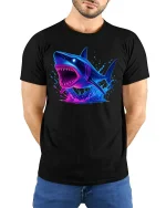 Neon Shark Attack Ocean Predator Graphic T-Shirt - model with hands behind back, wearing Black T-shirt and blue jeans