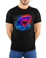 American Flag Shark Patriotic Ocean Graphic T-Shirt - model with hands behind back, wearing Black T-shirt and blue jeans
