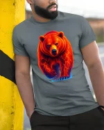 Fiery Red Bear Neon Power Animal Graphic T-Shirt - model leaning on yellow-black pole, wearing Gray T-shirt, hand in pocket
