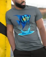 Blue Tropical Fish Splash Ocean Life Graphic T-Shirt - model leaning on yellow-black pole, wearing Gray T-shirt, hand in pocket