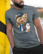 Happier Bear With Glasses Cool Streetwear T-Shirt - model leaning on yellow-black pole, wearing Gray T-shirt, hand in pocket