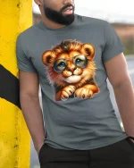 Cute Lion Cub With Glasses Adorable Animal T-Shirt - model leaning on yellow-black pole, wearing Gray T-shirt, hand in pocket