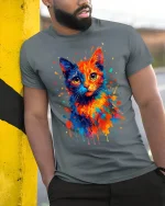 Color Splash Cat Watercolor Art Creative Graphic Tee - model leaning on yellow-black pole, wearing Gray T-shirt, hand in pocket