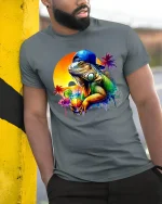 Cool Iguana With Drink Tropical Sunset Beach T-Shirt - model leaning on yellow-black pole, wearing Gray T-shirt, hand in pocket