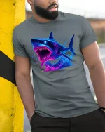 Neon Shark Attack Ocean Predator Graphic T-Shirt - model leaning on yellow-black pole, wearing Gray T-shirt, hand in pocket