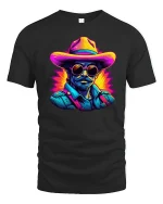 Neon Cowboy Cool Western Retro Art Graphic T-Shirt - black t-shirt on white background