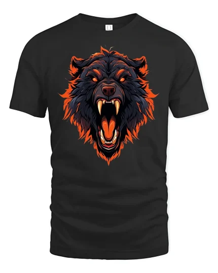 Fierce Wild Bear Head Fire Art Graphic T-Shirt - black t-shirt on white background