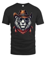 Cool Cowboy Lion Sunglasses Western Style Graphic Tee - black t-shirt on white background