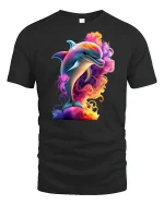 Colorful Dolphin Splash Ocean Vibe Graphic T-Shirt - black t-shirt on white background