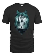 Mystic Wolf Forest Spirit Double Exposure Art Tee - black t-shirt on white background