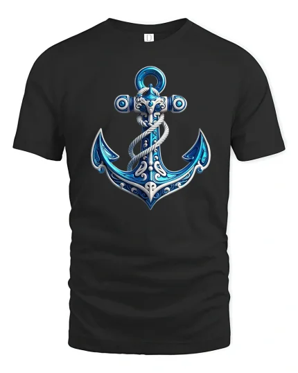 Blue Ocean Anchor Nautical Style Sea Lover T-Shirt - black t-shirt on white background