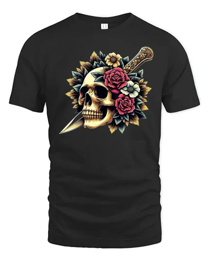 Skull and Dagger Rose Art Gothic Style Graphic T-Shirt - black t-shirt on white background